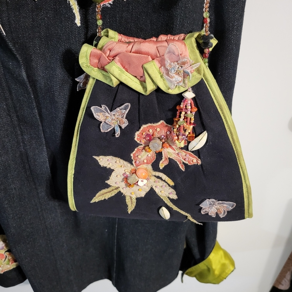 MARY FRANCES EMBROIDERED HAND BEADED DENIM RARE SHOULDER BAG